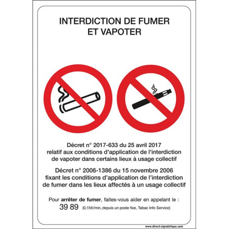 Panneau officiel interdiction de vapoter et de fum