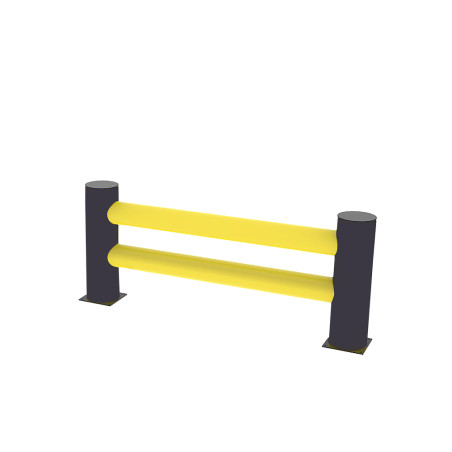 Barrière de rack en acier avec double rail jaune et poteaux noirs pour la protection des zones de stockage en entrepôt.