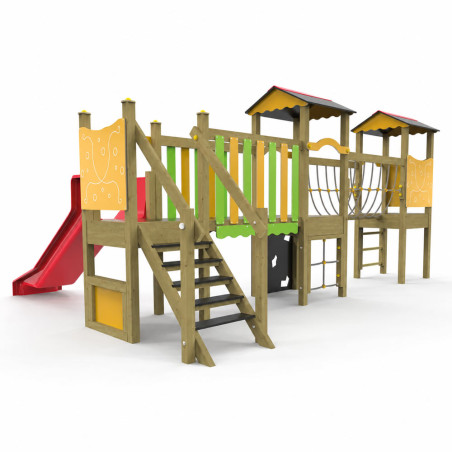 Structure multi-activités bois avec pont, filet et toboggan