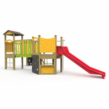 Structure de jeux avec 3 tours, passerelle filet et toboggan