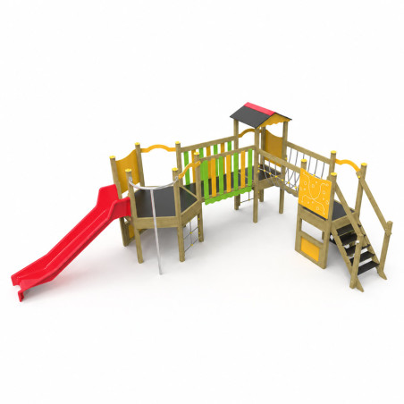 Structure de jeux avec 3 tours, passerelle filet et toboggan