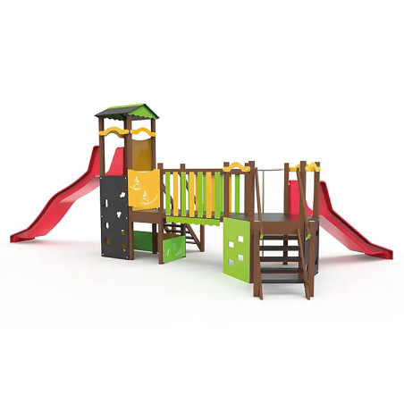 Structure de jeux double tour, toboggans et panneaux ludiques