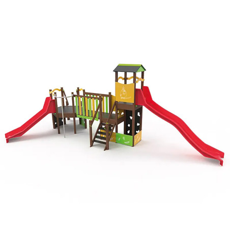 Structure de jeux double tour, toboggans et panneaux ludiques