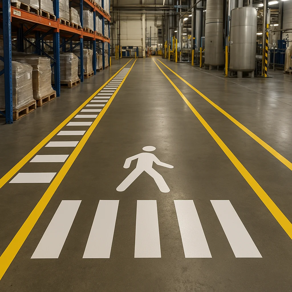 Marquage au sol pour guider la circulation en zone industrielle. Marquage au sol dans un entrepôt avec passages piétons et lignes jaunes.